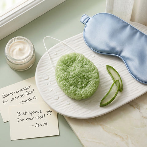 Green facial sponge, jar of cream, and blue eye mask on a white tray with customer testimonials.