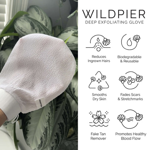 White deep exfoliating glove with 'Wildpier' branding and product benefits listed on the right.