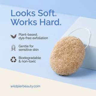 Brown exfoliating sponge with product benefits on a blue background, featuring WildpierBeauty.com.
